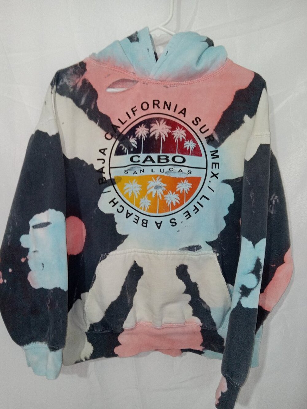 Fashion Nova Mens M Distressed Hoodie Cabo San Lucas Tie Dye Thrashed Grunge